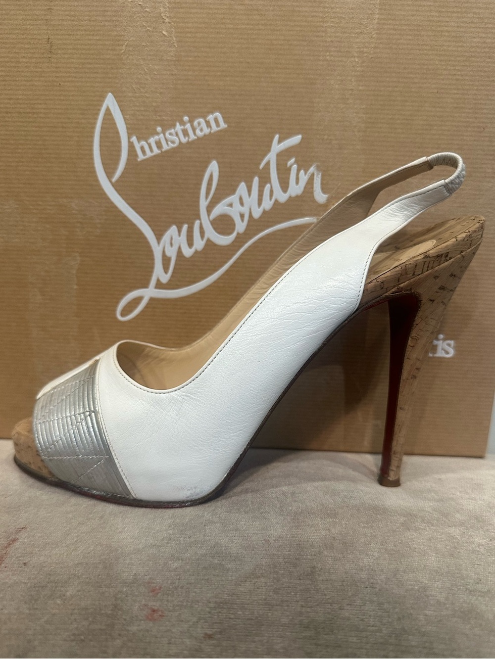 Christian Louboutin White and Silver Peep-Toe Slingback Heel